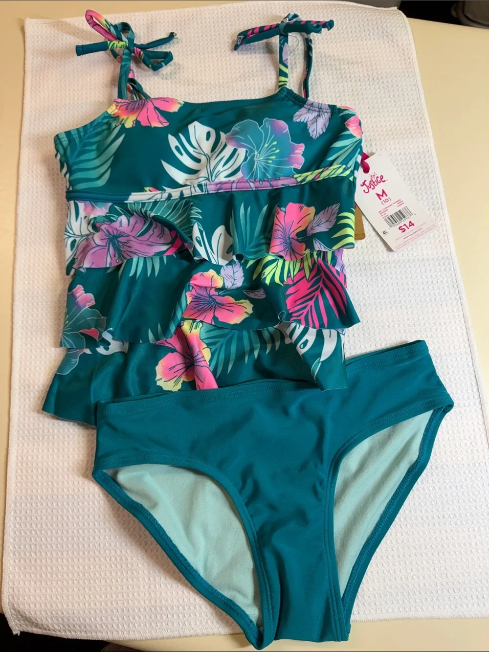 Justice Teal Tropical Ruffle Tankini with Pink & Lime Floral
